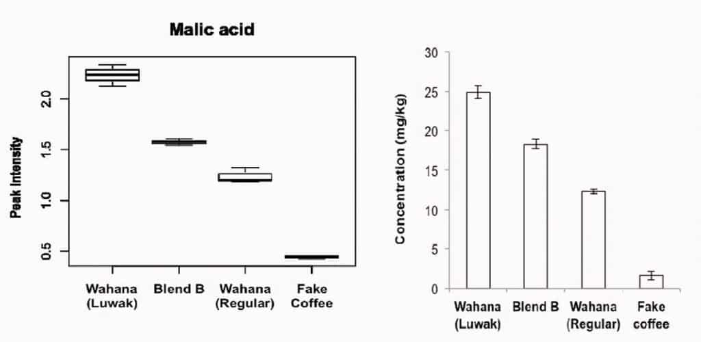 Pure kopi luwak has more malic acid than any other type of coffee tested