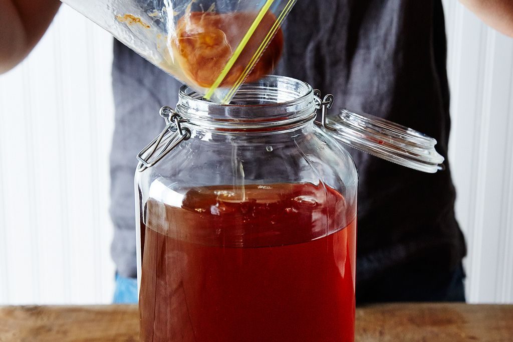 Once your coffee is made, add your SCOBY to get the fermentation process started.